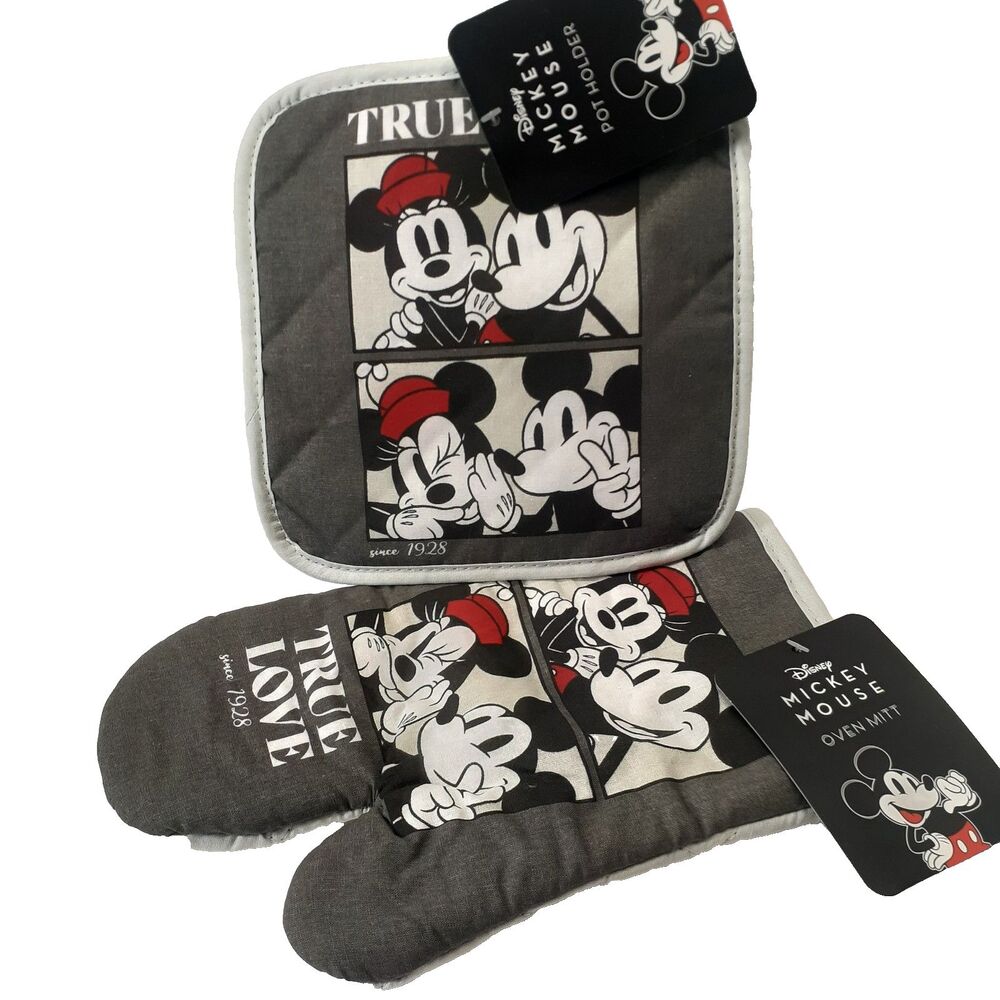 Disney Mickey & Minnie Mouse Pot Holder Oven Mitt Gray 2 Pieces NWT Kidcore
